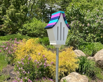 Recycled Butterfly House White with Aqua, Purple, and Navy Roof