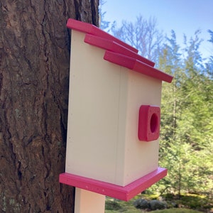 Square Back-Mount Birdhouse, White with Pink Roof image 6
