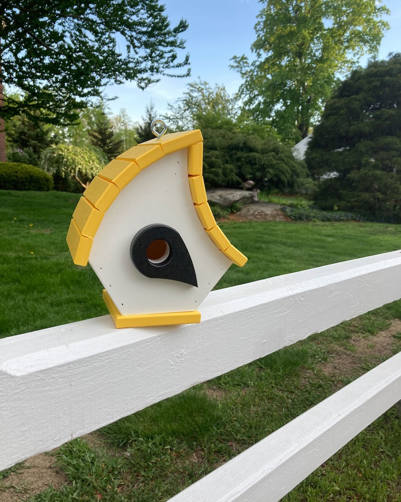 Eclectic Hanging Poly Birdhouse, White with Yellow Roof image 1