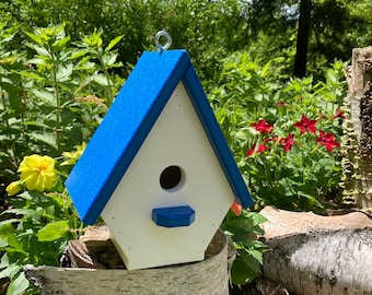 Classic Wren Poly Birdhouse, White with Royal Blue Roof