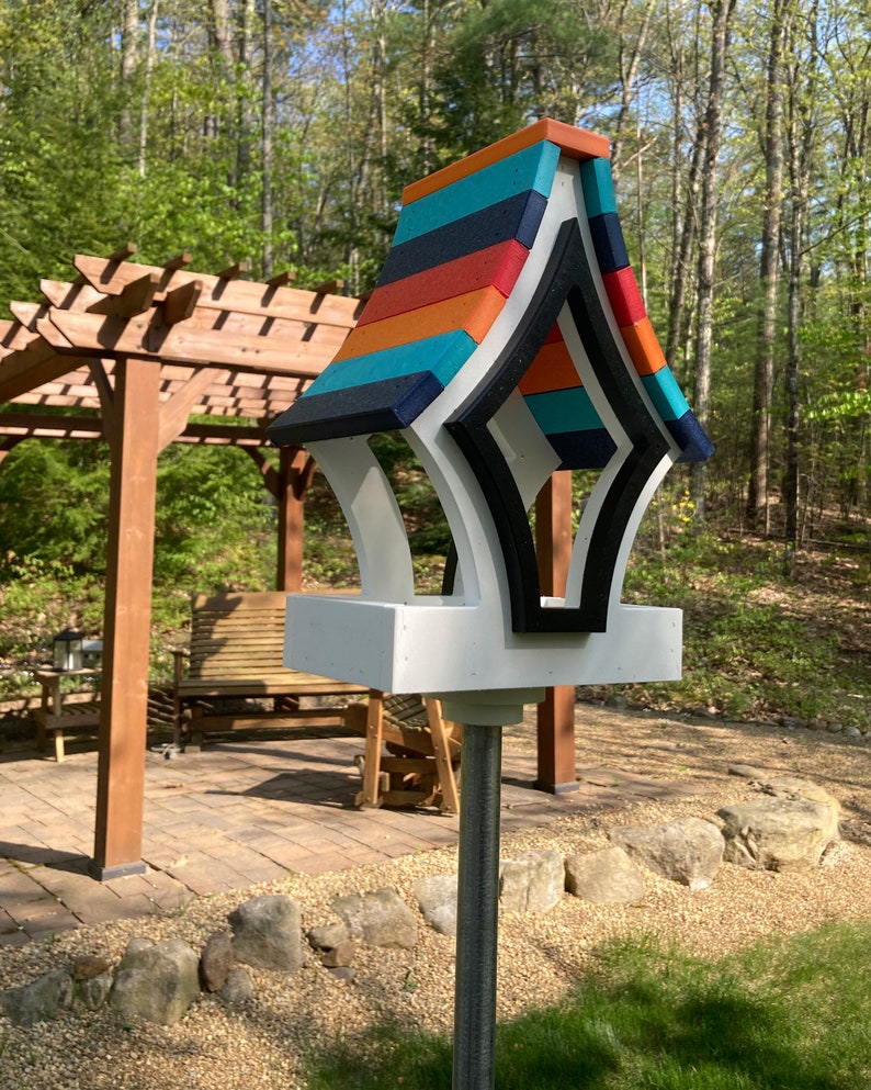 Whimsical Tray Feeder, White with Orange, Aqua, Navy, and Red Roof image 3