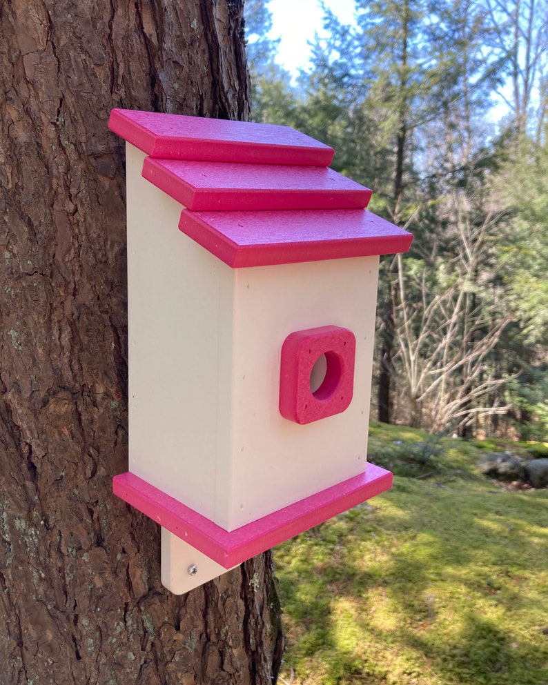 Square Back-Mount Birdhouse, White with Pink Roof image 3