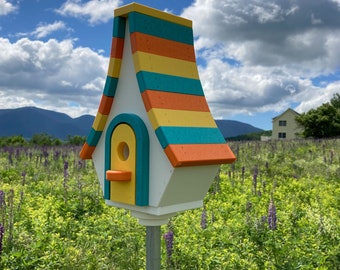 Large Whimsical Eco-friendly Poly Birdhouse, White with Orange, Aqua, and Yellow Roof