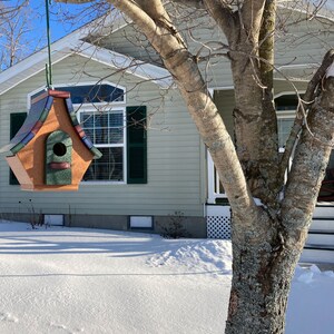 Op de afbeelding: Een kleurrijk vogelhuisje met een groen dak en een bruine basis hangt aan een tak van een boom voor een huis met een raam. Het huis is bedekt met sneeuw.