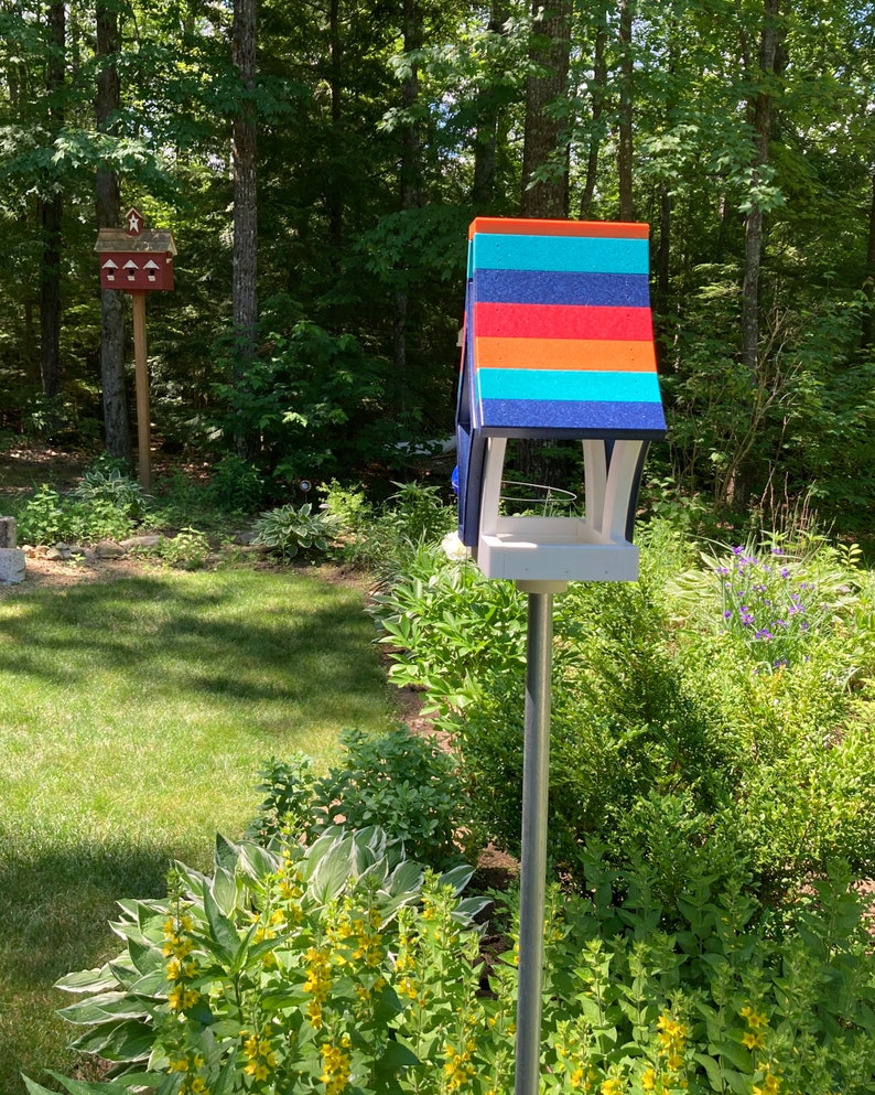 Whimsical Tray Feeder, White with Orange, Aqua, Navy, and Red Roof image 6