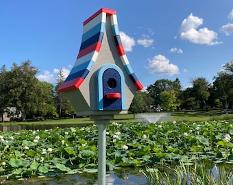 Large Whimsical Poly Birdhouse, Gray with Red, White, Sky Blue, and Navy Roof