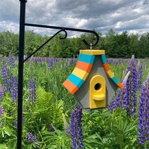 Chalet Poly Birdhouse, Gray with Yellow, Aqua, and Orange Roof