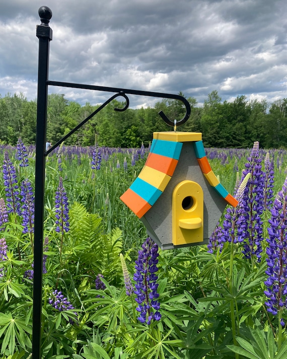 Chalet Style Recycled Poly Lumber Birdhouse, Gray with Yellow, Aqua, and Orange Roof