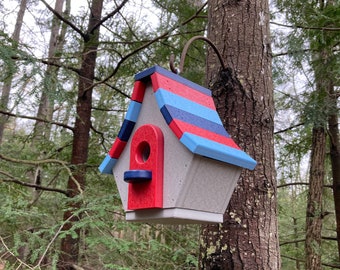 Chalet Poly Birdhouse, Gray with Navy, Cardinal, and Sky Roof