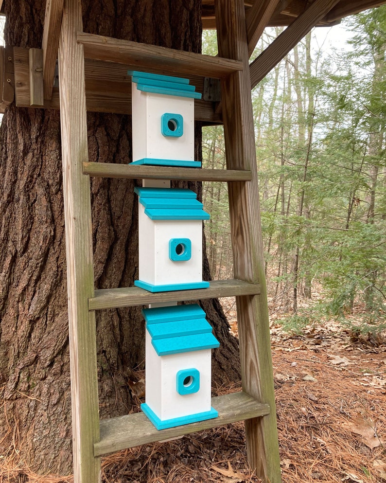 Square Back-Mount Birdhouse, White with Aqua Roof image 2