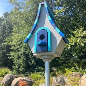 Large Whimsical Poly Birdhouse, Gray with Navy, Aqua, and Royal Blue Roof image 9