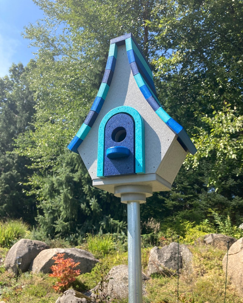 Large Whimsical Poly Birdhouse, Gray with Navy, Aqua, and Royal Blue Roof image 9