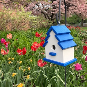 Traditional Recycled Poly Lumber Birdhouse, White with Royal Blue Roof