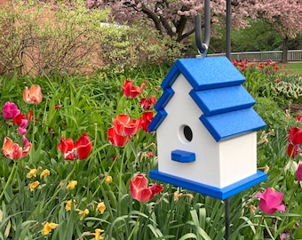 Traditional Eco-Friendly Poly Birdhouse, White with Royal Blue Roof