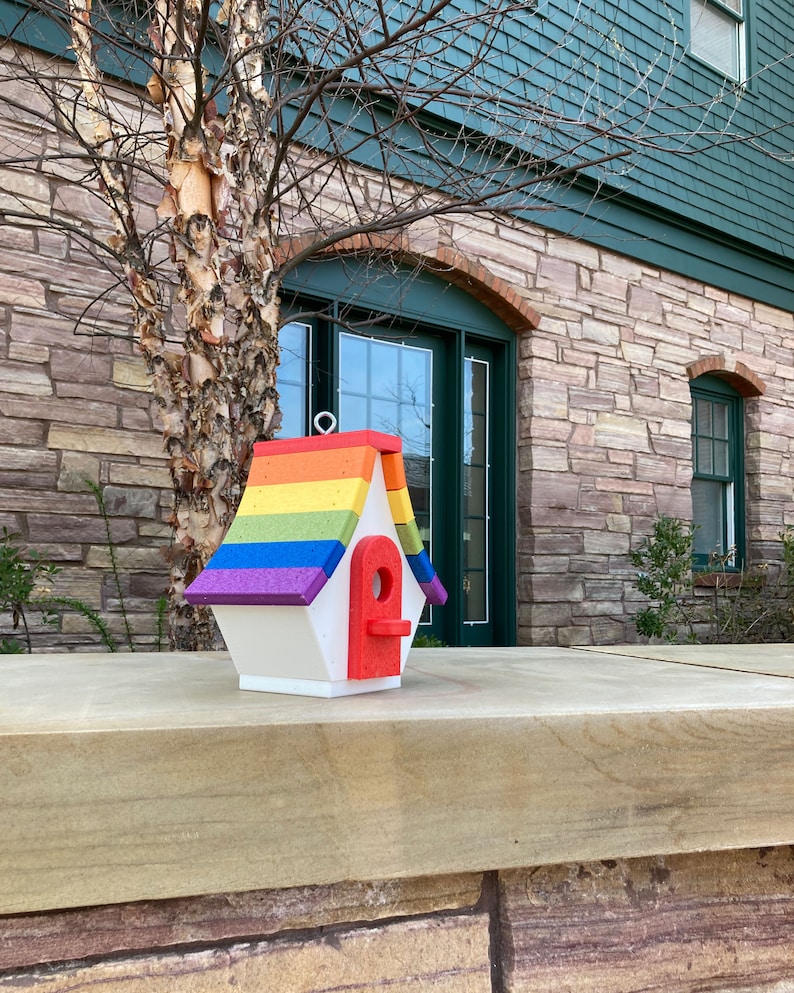 May include: A rainbow-colored birdhouse with a red door. The birdhouse is made of wood and has a white base. It is sitting on a stone ledge in front of a brick building.