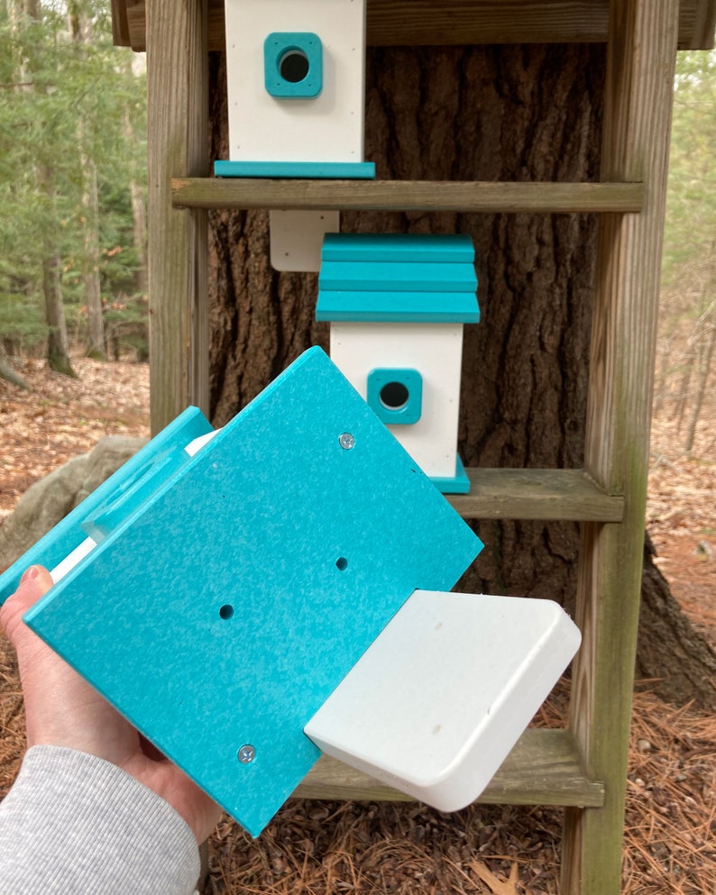 Square Back-Mount Birdhouse, White with Aqua Roof image 4