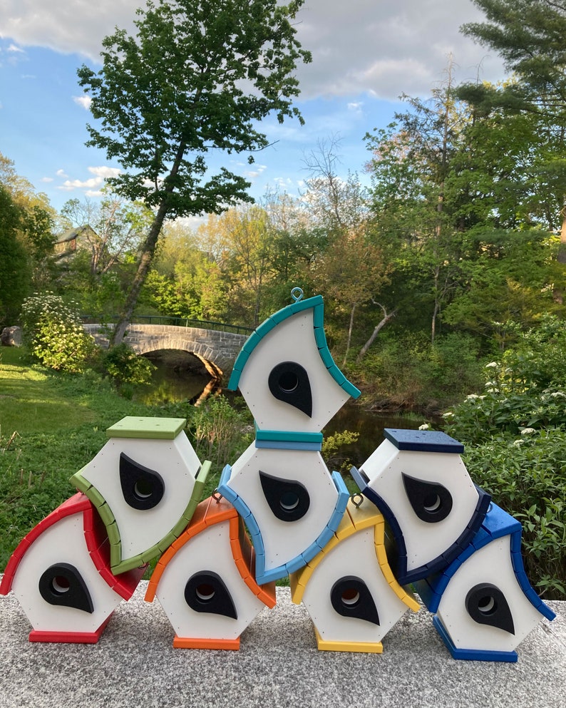 Eclectic Hanging Poly Birdhouse, White with Yellow Roof image 7