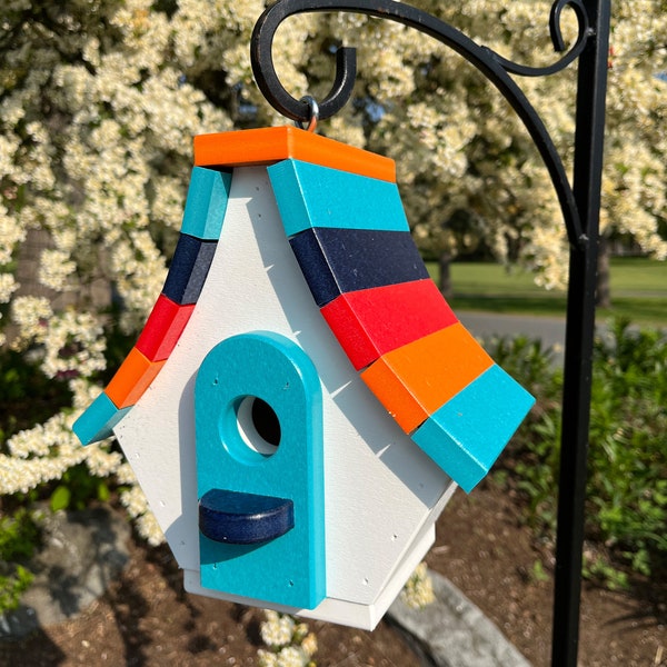 Chalet Poly Birdhouse, White with Orange, Aqua, Navy, and Red