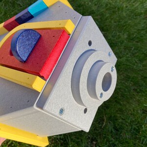 Large Whimsical Poly Birdhouse, Gray with Yellow, Cardinal Red, Navy, and Aqua Blue Roof image 6