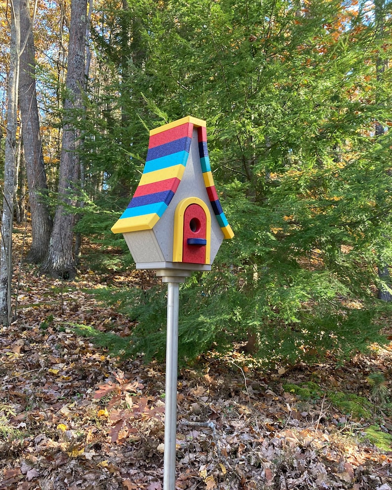 Large Whimsical Poly Birdhouse, Gray with Yellow, Cardinal Red, Navy, and Aqua Blue Roof image 1