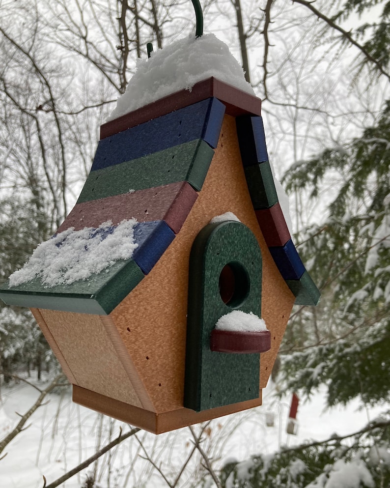 Op de afbeelding: Een kleurrijk houten vogelhuisje met een groen, blauw en rood gestreept dak. Het vogelhuisje is bedekt met sneeuw en heeft een kleine opening waar vogels naar binnen kunnen.