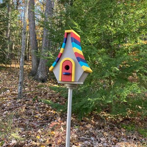 Large Whimsical Poly Birdhouse, Gray with Yellow, Cardinal Red, Navy, and Aqua Blue Roof image 7