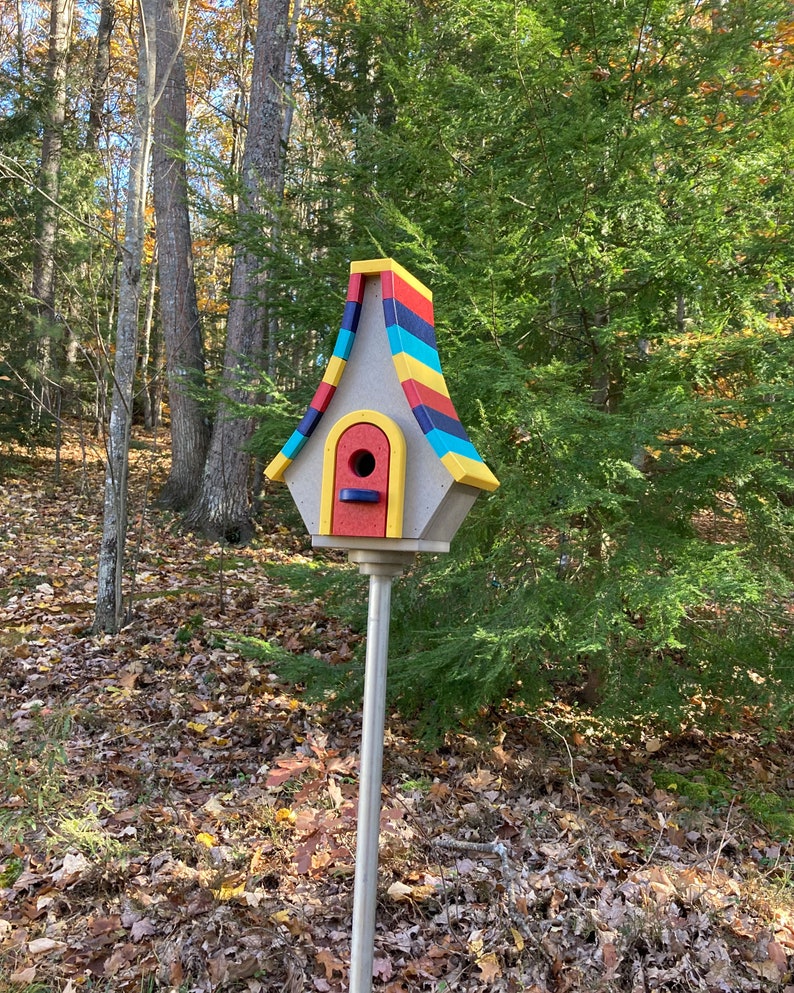 Large Whimsical Poly Birdhouse, Gray with Yellow, Cardinal Red, Navy, and Aqua Blue Roof image 7