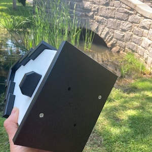 May include: A black birdhouse with a white roof and a hexagonal opening. The birdhouse is made of plastic and has a smooth surface. It is held in a hand against a green grassy background.