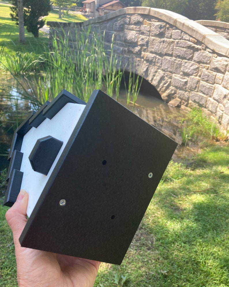 May include: A black birdhouse with a white roof and a hexagonal opening. The birdhouse is made of plastic and has a smooth surface. It is held in a hand against a green grassy background.