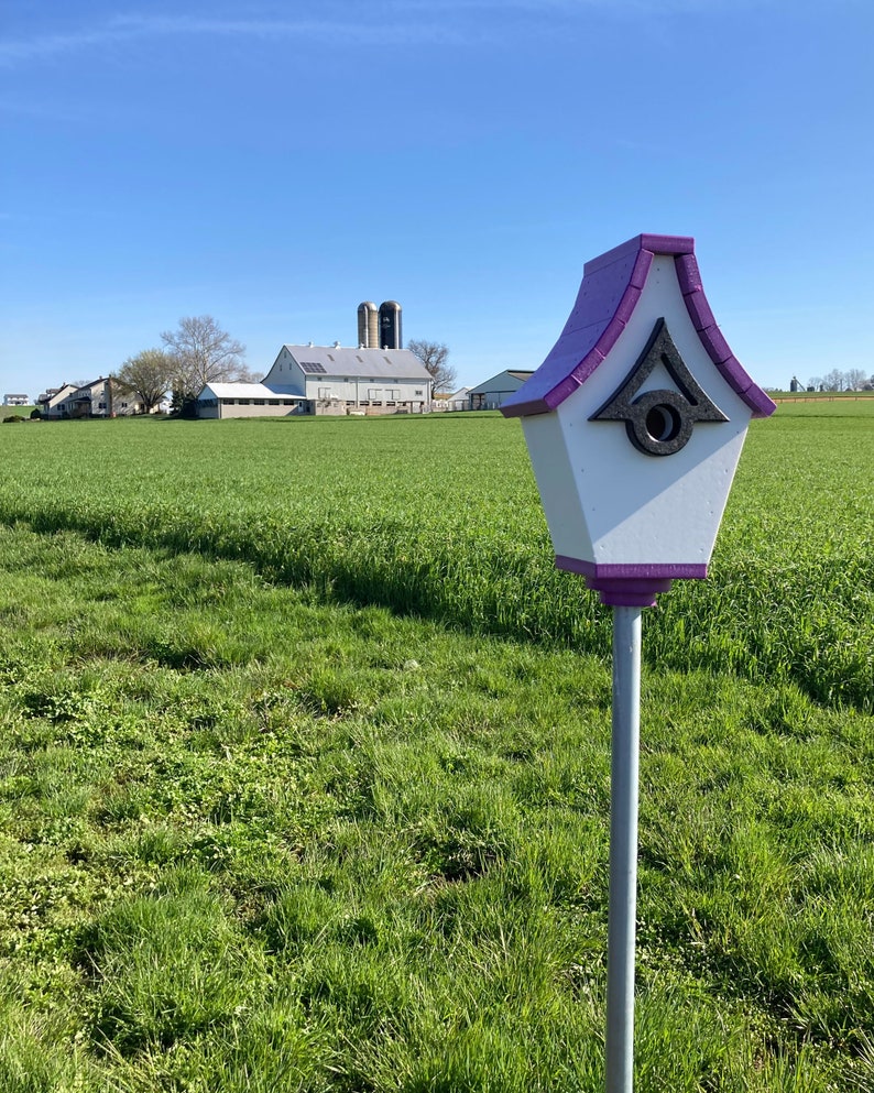 Regal Pole Mount Birdhouse White with Purple Roof image 8