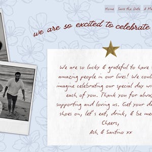 May include: A wedding announcement with two black and white photos and handwritten text. The text reads "We are so excited to celebrate with you!" and a message expressing gratitude. A gold star is at the top.