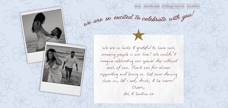 May include: A wedding announcement with two black and white photos and handwritten text. The text reads "We are so excited to celebrate with you!" and a message expressing gratitude. A gold star is at the top.