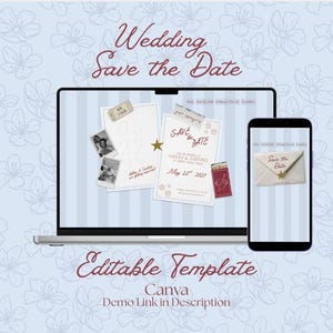 Könnte beinhalten: Digitales Hochzeitskarten-Template, dargestellt auf einem Laptop und Smartphone. Das Design zeigt einen hellblauen floralen Hintergrund mit den Worten "Wedding Save the Date" in burgunderfarbener Schrift. Die Vorlage enthält Fotos und das Datum 22. Mai 2027.