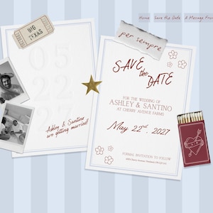 May include: A wedding announcement with a light blue striped background. The announcement includes a "Save the Date" card, photos, and a matchbox. The card reads "Save the Date" for Ashley & Santino, May 22nd, 2027.