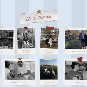 May include: A collage of black and white photographs arranged on a light blue background with vertical stripes. The photos are in polaroid style, with captions like "Us In Pictures", "Karaoke night!", and "London November 2014". Decorative elements include stars and hearts.
