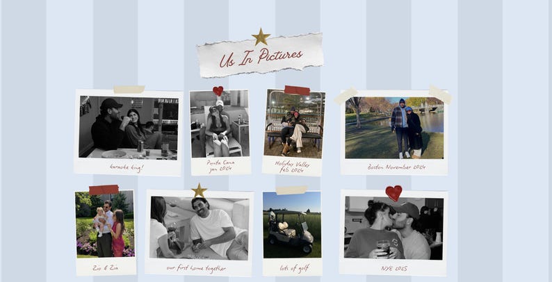 May include: A collage of black and white photographs arranged on a light blue background with vertical stripes. The photos are in polaroid style, with captions like "Us In Pictures", "Karaoke night!", and "London November 2014". Decorative elements include stars and hearts.