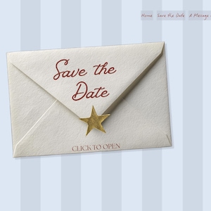 May include: A cream-colored envelope with the text "Save the Date" in a cursive font, secured with a gold star. The words "Click to Open" are at the bottom. The background has vertical blue and white stripes.