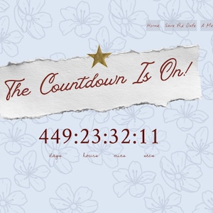 May include: A light blue background with a floral pattern and the text "The Countdown Is On!" in burgundy. A gold star is above the text. The countdown timer displays 449 days, 23 hours, 32 minutes, and 11 seconds.