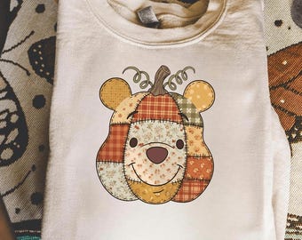 Vintage Pooh-pompoen png, herfst patchwork bloemensublimatie, schattige Winnie herfst png, rustieke berengezicht ontwerp Thanksgiving Country