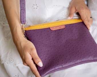 Luxury Leather Crossbody bag- Women’s bags -Leather purse - Statement leather purse - Ostrich embossed- Purple purse - Handstitched