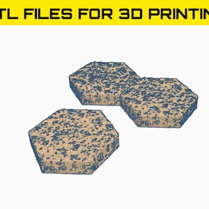 May include: Three hexagonal stone paving slabs with a rough, textured surface. The slabs are a light brown colour with dark blue speckles.
