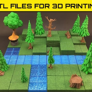 May include: A set of 3D printed miniature trees and other forest scenery for tabletop gaming. The set includes a variety of trees, stumps, and a small building. The pieces are printed in green, brown, and blue plastic.