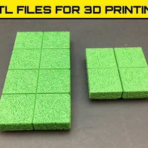May include: Two sets of green 3D printed square tiles with a grass texture. The larger set has six tiles and the smaller set has two tiles.