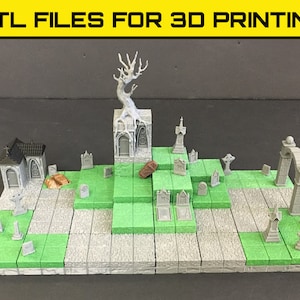 May include: A 3D printed graveyard scene with a variety of tombstones, a small chapel, a tree, and an archway. The scene is set on a base of green and gray tiles. .STL files for 3D printing.