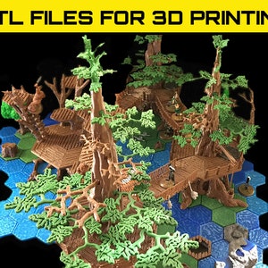 May include: A 3D printed model of a treetop village with multiple levels and walkways. The model is made of brown and green plastic and is designed for use in tabletop games or as a decorative piece.