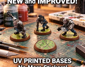 May include: Three miniature ape-like figures with metallic armor and weapons stand on round, green, cracked-earth patterned bases. A fourth empty base sits in the foreground. Text reads: NEW and IMPROVED! UV PRINTED BASES No More Stickers!