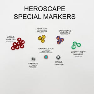 May include: A set of plastic game markers for the board game Heroscape. The markers are in various colors and shapes, including red, green, blue, yellow, and orange. The markers are labeled with the names of different characters and abilities from the game, such as "Wound Markers", "Negation Markers", "Experience Markers", "Exoskeleton Marker", "Grenade Marker", "Round Tracker", and "Lycanthropy Markers".