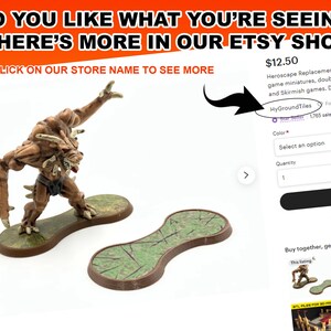 May include: A brown monster miniature figure with a detailed design, standing on a green and brown base. Next to it is a matching base. The text in the image says "DO YOU LIKE WHAT YOU'RE SEEING? THERE'S MORE IN OUR ETSY SHOP!" and "HyGroundTiles".