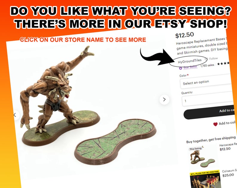 May include: A brown monster miniature figure with a detailed design, standing on a green and brown base. Next to it is a matching base. The text in the image says "DO YOU LIKE WHAT YOU'RE SEEING? THERE'S MORE IN OUR ETSY SHOP!" and "HyGroundTiles".