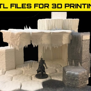 May include: A 3D printed model of a frozen cave entrance with icicles hanging from the ceiling. The cave is made of white plastic and has a textured surface. The model is designed for use in tabletop role-playing games.